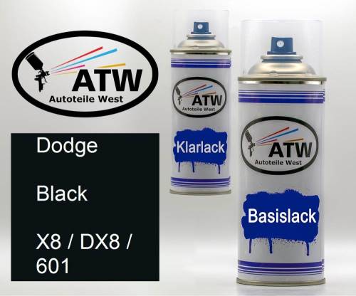 Dodge, Black, X8 / DX8 / 601: 400ml Sprühdose + 400ml Klarlack - Set, von ATW Autoteile West.